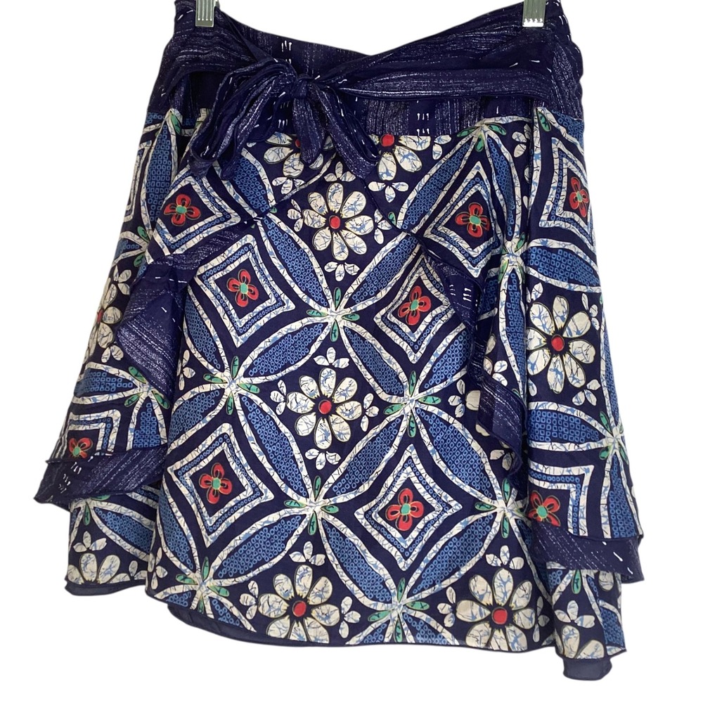 Anna Sui for Anthropologie Blue Floral Silk Blend Mini Skirt Designer 12 EUC